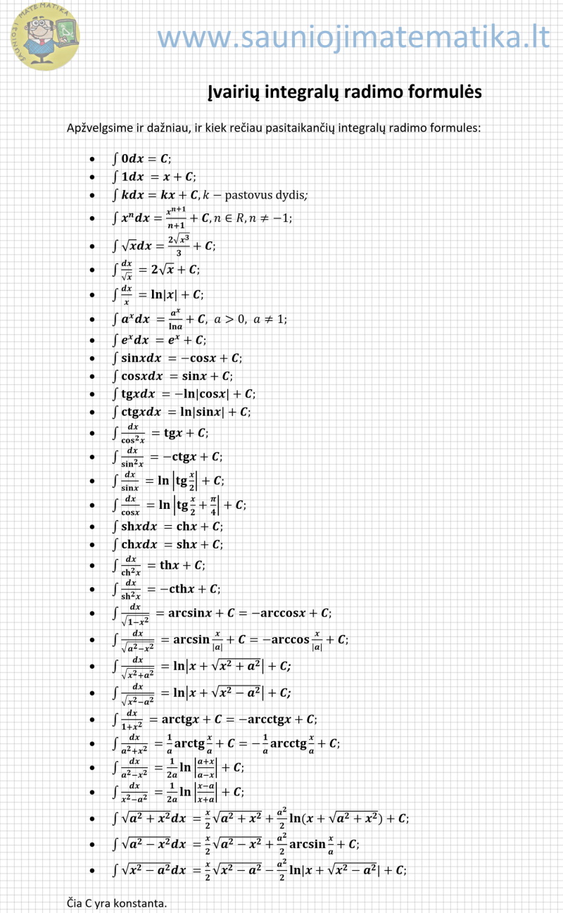 Įvairių integralų radimo formulės