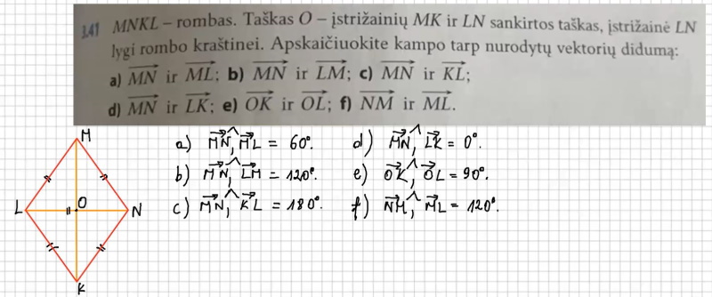 Uždavinys, kur reikia surasti kampus tarp vektorių nesinaudojant formule