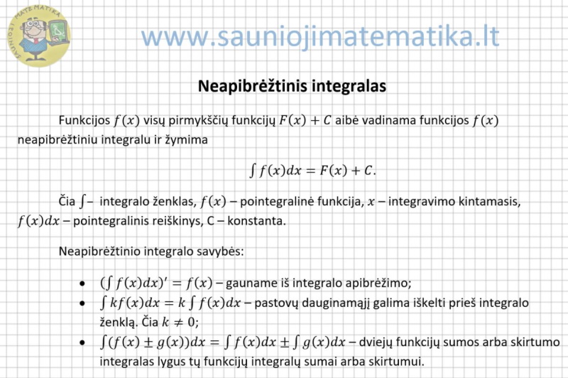 Neapibrėžtinio integralo apibrėžimas ir savybės